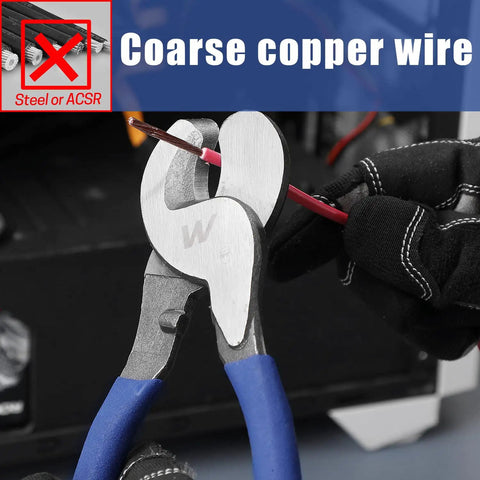 Hardcore Heavy Duty 10 Inch Cable Cutter gripping coarse copper wire with ergonomic blue handle in action