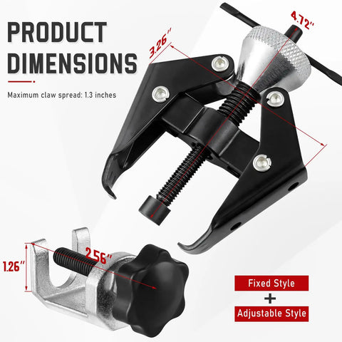 Windshield Wiper Arm Removal Tool Kit Pro Grade Beefed Up Heavy Duty Battery Terminal Puller And Windscreen Arm Bearing Remover Adjustable Wiper Arms For Cars Trucks SUVs Repair Tools featuring dimensions and fixed plus adjustable styles.