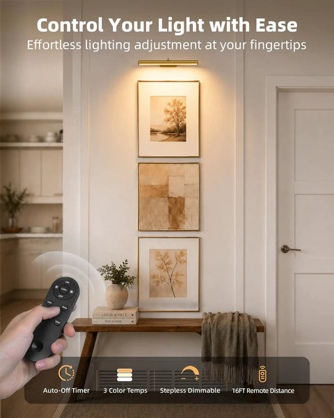 Wireless 16 Inch Picture Light With Built In Rechargeable Battery, Long Lasting Wall Mounted Art Lamp For Gallery Displays illuminating framed art.