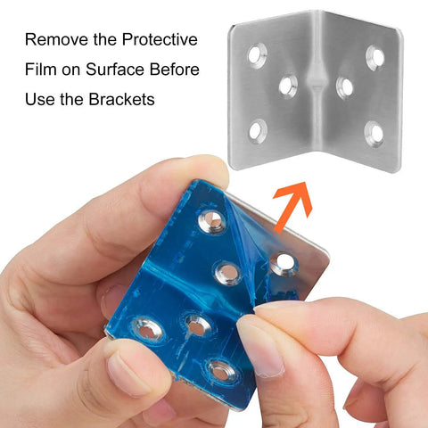 Hands peeling blue film from Stainless Steel Corner Braces 64 Pack Heavy Duty L Brackets For Furniture Shelves And Cabinets.