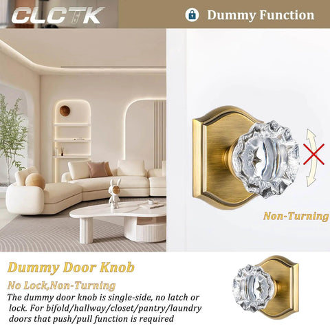 2 Pack Crystal Glass Dummy Door Knobs Non-Turning Single Side For Interior Doors In Antique Brass With Zinc Alloy Rosette