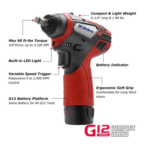 90 Ft-Lbs Cordless 12V Max Mini Impact Wrench With Built-In LED Work Light, 3/8 Inch Alloy Steel Head, ergonomic design, G12 ARI12104