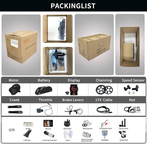 Packaging of BBSHD Mid Drive Ebike Conversion Kit 48V 52V 500W 750W 1000W With Optional Battery LCD Display Chainring for bikes