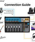 7 Channel Audio Mixer With Bluetooth Interface 16 Bit DSP Effects 48V Phantom Power Karaoke Studio Streaming And Recording Professional DJ Mixing Console XT7 connection guide with mic, instruments, and devices