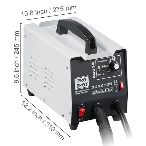 Stud Welder Dent Repair Kit With 110V Auto Body Spot Welding Dent Puller, featuring control panel and dimensions