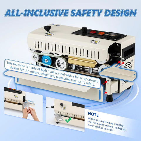 ProGrade Commercial Heat Sealer Machine With Adjustable Temperature And Speed, automatic continuous band sealer showcasing safety design details.