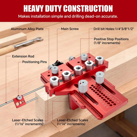 Professional Dowel Jig Kit With Secure Position Stop And Heavy Clamp For Rapid Five Hole Drilling features aluminum alloy plate and laser-etched scales.