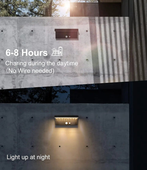 Daytime and nighttime view of Solar Powered Outdoor Wall Light With Motion Sensor, 3 Lighting Modes, 600 Lumen Brightness, Warm White 3000K, IP44 Waterproof, Rustproof Aluminum, Black, Ideal For Patio Porch Decor on concrete wall.