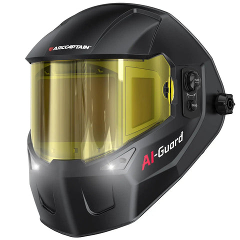 Smart Auto Shade Welding Helmet With 180 Degree Panoramic View True Color Lens Internal Display Memory Gradient Modes Built In LED Light For TIG MIG Stick Cutting And Grinding, featuring a black design with yellow lens.