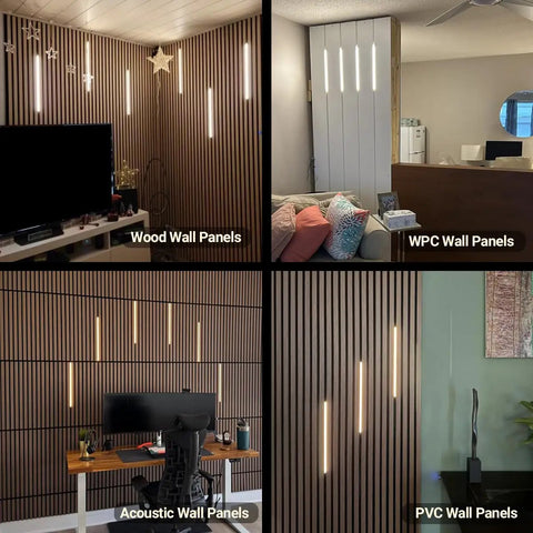 Black LED Recessed Lighting Kit Dope Six Pack Sixteen Inch 3000K Dimmable Warm White Lights installed on various wall panels