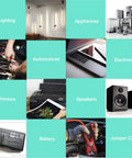 Collage of lighting, appliances, automotive wiring, electronics, printers, speakers, battery, and jumper cable for diverse uses.