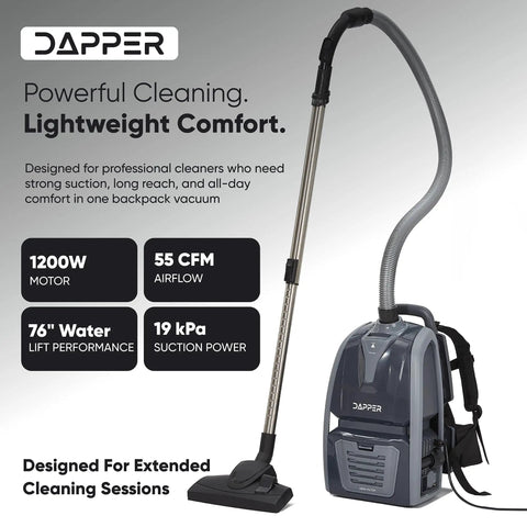 Dapper Commercial Backpack Vacuum Cleaner Lightweight 11Lb With HEPA Filter 2 In 1 Vacuum And Blower 50 Ft Cord 1200W For Hard Floors Carpet Stairs And Tight Spaces Ultimate Cleaning Solutions