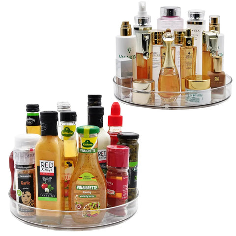 Two Pack 11 Inch Lazy Susan Organizer With Non Slip Turntable For Cabinet Fridge Kitchen Pantry Under Sink Vanity And More filled with sauces and perfumes