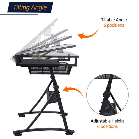 Adjustable Drafting Desk With Stool Multifunction Artist Table For Home Studio Tilting Glass Top Work Surface Diamond Painting Station Two Storage Drawers Heavy Duty Steel Frame Easy Height Adjust, side view showing tilt and height adjustments.