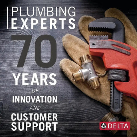Plumbing experts 70 years innovation sign with gloves and wrench, highlighting Delta's commitment to service and support.