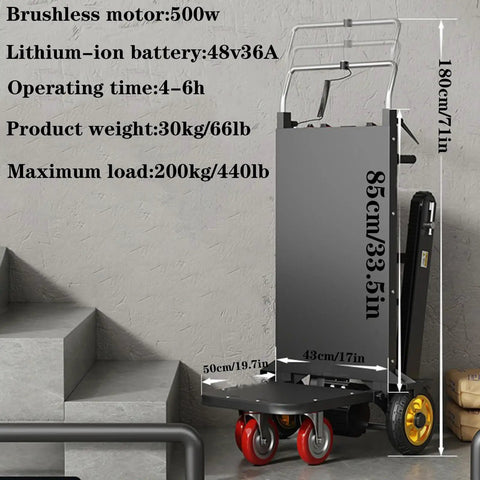 Heavy Duty 400W 500W Electric Stair Climbing Dolly With Motorized Wheels Handles 440 Pounds, Aluminum Hand Truck near stairs.