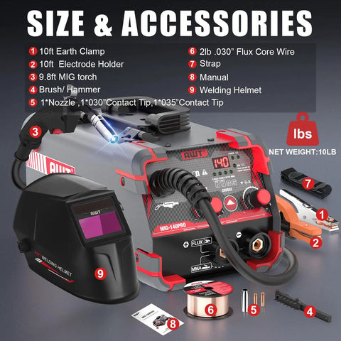 140Amp MIG Welder Flux Core Gasless 3 In 1 MMA Stick Lift TIG Welding Machine 110V Synergy IGBT Inverter with helmet