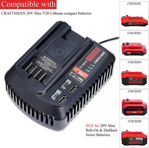 V20 Battery Fast Charger Replacement with 2 USB Ports for 20V Max Lithium Ion Batteries, compatible with CMCB202 CMCB204 CMCB206