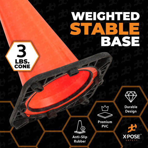 18 Inch Orange Traffic Cones 4 Pack Heavy Duty PVC Safety Cones, focus on cone's weighted base for stability and durability.