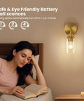 Battery Operated Wall Sconce Set Of Two With Remote Dimmable Wireless Cordless Gold Wall Lights 3000K Warm White Modern Lamps