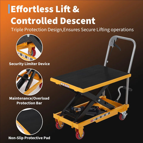 Front-right view of a hydraulic lift table cart with yellow frame, black non-slip pad, and four caster wheels.