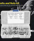 180Pcs M4 Socket Screws Set With 304 Stainless Flat Head Nuts Assortment Kit organized in a plastic storage box