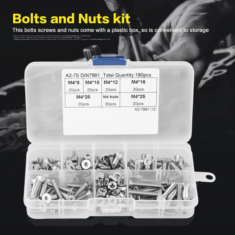 180Pcs M4 Socket Screws Set With 304 Stainless Flat Head Nuts Assortment Kit organized in a plastic storage box