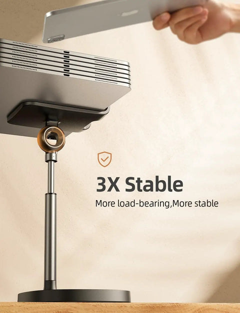 Close-up of Dope Ergonomic Adjustable Desk Phone Stand base showing stability features for home office and gaming setup.