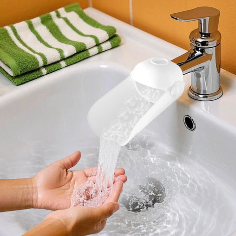 Universal Faucet Extender For Bathroom Sink And Kitchen Tap With Soft Spray Aerated Nozzle And Anti Splash Guard Easy Peasy Setup Durable Chrome Trim, water flowing into hands.