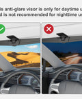 Polarized Sun Visor Extender For Cars With UV400 Blocker And Adjustable Clip On Design Universal Car Visor Extension For No Glare Reduction No Fuss Clip On Install For Safer Clearer Driving shown in day and night use comparison
