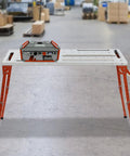 Heavy Duty Welding Table And Workbench With 46 By 18 Inch Foldable Cart features a compact design and sturdy steel top for metal work.