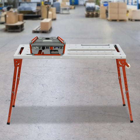 Heavy Duty Welding Table And Workbench With 46 By 18 Inch Foldable Cart features a compact design and sturdy steel top for metal work.