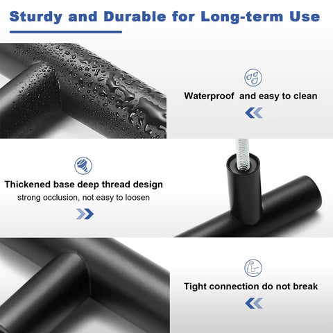 30 Pack Matte Black Stainless Steel Cabinet Handles for Cabinets and Drawers, waterproof and durable design details shown.