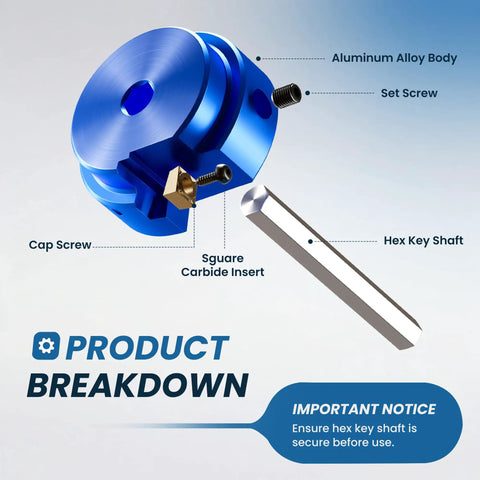 Parts of PVC Pipe Reamer Kit Four Piece Socket Saver Tool explained: aluminum alloy body, cap screw, carbide insert, hex key shaft