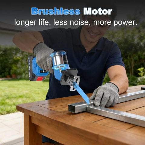 Person using Cordless Reciprocating Saw With Powerful Brushless Motor, 20V, 3500 RPM, on metal beam outdoors