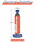 Sn63 Pb37 Tin Lead T4 Solder Paste No Clean 183C Melting Point 30g shown in transparent syringe, dimensions included.