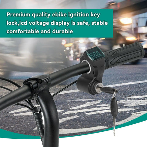 E Bike Voltage Display With LCD Readout Thumb Throttle Real Time Digital Battery Voltage Power Switch With Key Lock For E Scooter And Electric Bicycle No Battery Drama Works With Lead Acid Or Lithium showing handlebars and display on bicycle