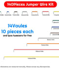 14 types of jumper wires from the All In One Breadboard Starter Kit with 400 and 830 breadboards, ideal for Arduino projects