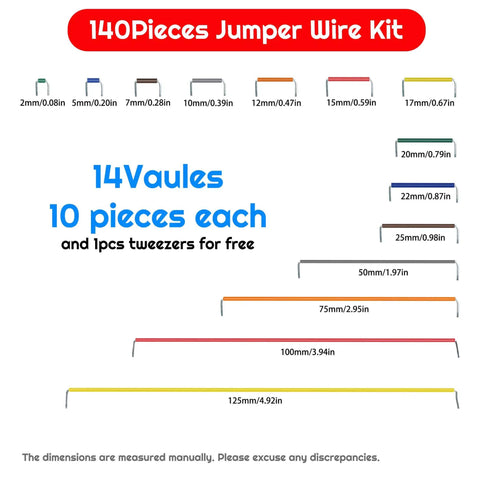 14 types of jumper wires from the All In One Breadboard Starter Kit with 400 and 830 breadboards, ideal for Arduino projects