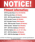 Notice on fitment information for Hyundai and Kia models, including Nexo, Sonata, Tucson, Optima, and Sportage.
