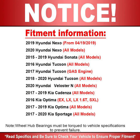 Notice on fitment information for Hyundai and Kia models, including Nexo, Sonata, Tucson, Optima, and Sportage.