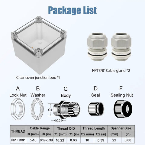 Package list showing IP67 Waterproof Junction Box With Transparent Cover For Outdoor DIY Projects, cable glands, and components.