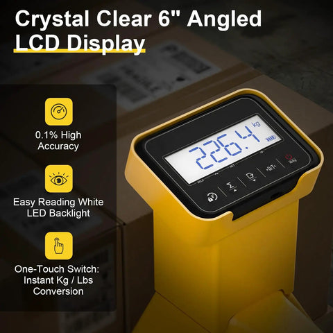 Crystal clear 6 inch angled LCD display on Heavy Duty Electric Pallet Jack Truck Weigh Scales Built In 5500 Lbs Capacity.
