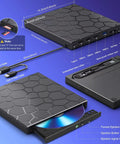 Ultra Slim External CD DVD Drive For Laptop And Desktop, 8 In 1 USB Three Point Zero Portable CD Burner, Easy Plug And Play Optical Drive Compatible With Mac Windows Linux, Power Cable Included For Reliable Performance. Black slim USB optical drive with hub and card slots