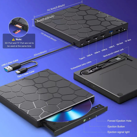 Ultra Slim External CD DVD Drive For Laptop And Desktop, 8 In 1 USB Three Point Zero Portable CD Burner, Easy Plug And Play Optical Drive Compatible With Mac Windows Linux, Power Cable Included For Reliable Performance. Black slim USB optical drive with hub and card slots