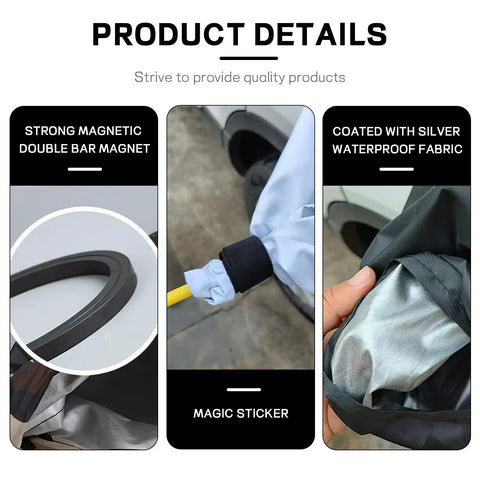 Heavy Duty Universal EV Charger Plug Port Cover with strong magnetic bar, silver waterproof fabric, and magic sticker feature.