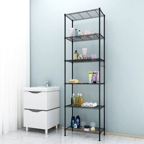 Two Pack Six Tier Heavy Duty Wire Shelving Unit With Adjustable Leveling Feet And Corrosion Resistant Hooks, Built Like A Tank For Garage Clutter Fixes, This Super Sturdy Free Standing Storage Rack Handles Massive Loads Easily