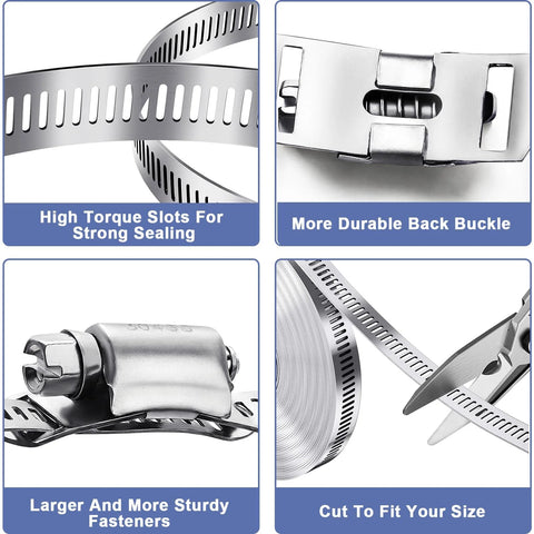 Stainless steel hose clamp set with adjustable worm-gear design and 24 fasteners for automotive, plumbing, fuel lines
