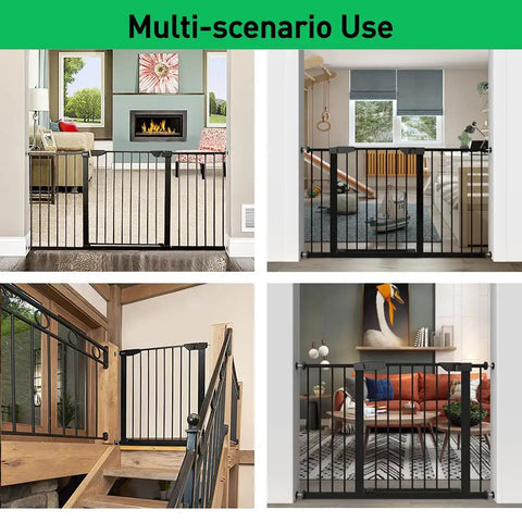 Walk Through Baby Gate With Auto Close And Tension, White Metal Safety Gate For Stairs And Doorways in various home settings