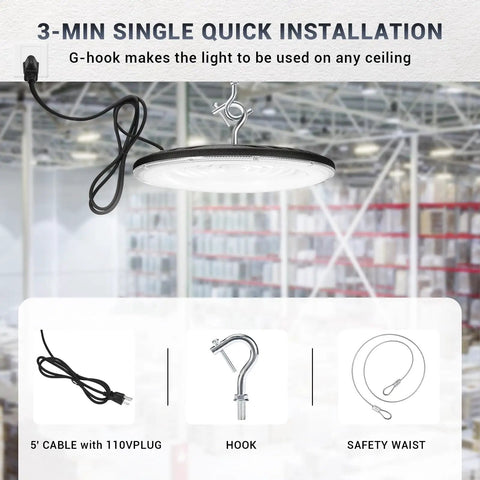 Installation guide showing Six Pack 150W UFO LED High Bay Lights With Plug, Crazy Bright, 21050 Lumens, IP66 Waterproof in factory setting